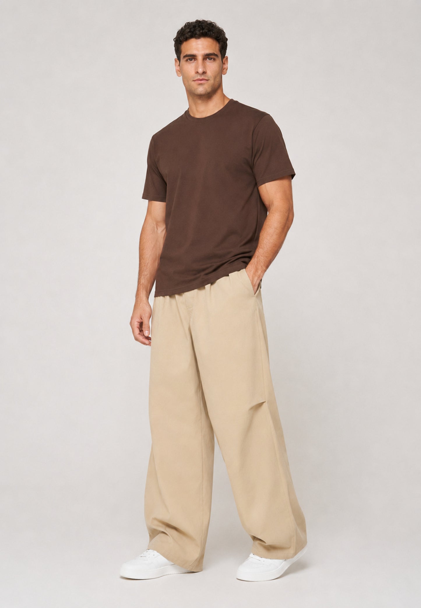 Barrel Trouser — Sand, three quarter